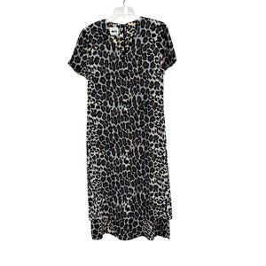 Leslie Fay Leopard Print Dress 10 Layers Buttons VNeck Short Sleeve Retro 80s